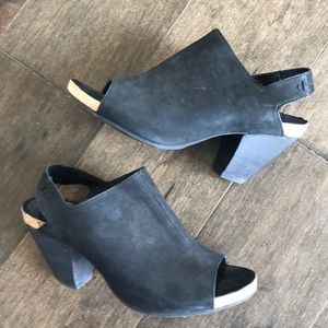 Eileen Fisher black open toe booties cone heel